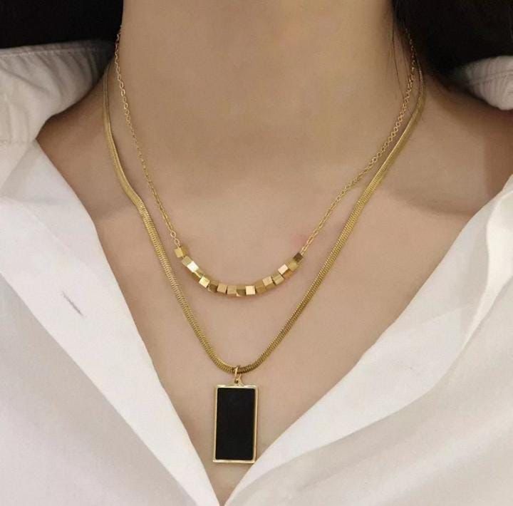 Triple Gold Chain Necklace with Black Rectangle Pendant