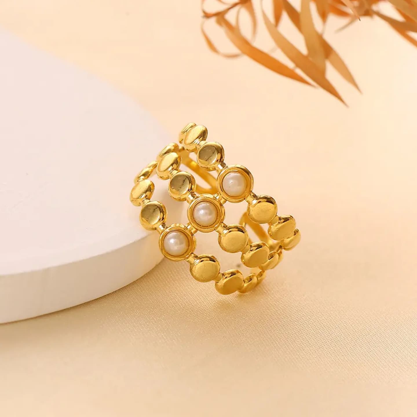 Aurora Triple Band Pearl Ring – Gold Finish