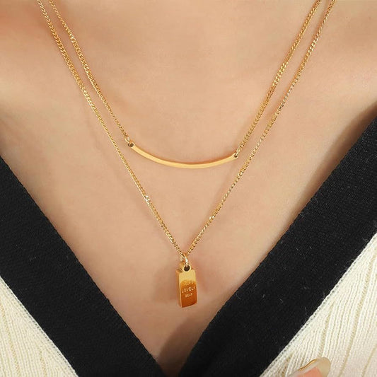 Double Layer Gold Necklace with Bar & “Good Luck” Tag Pendant