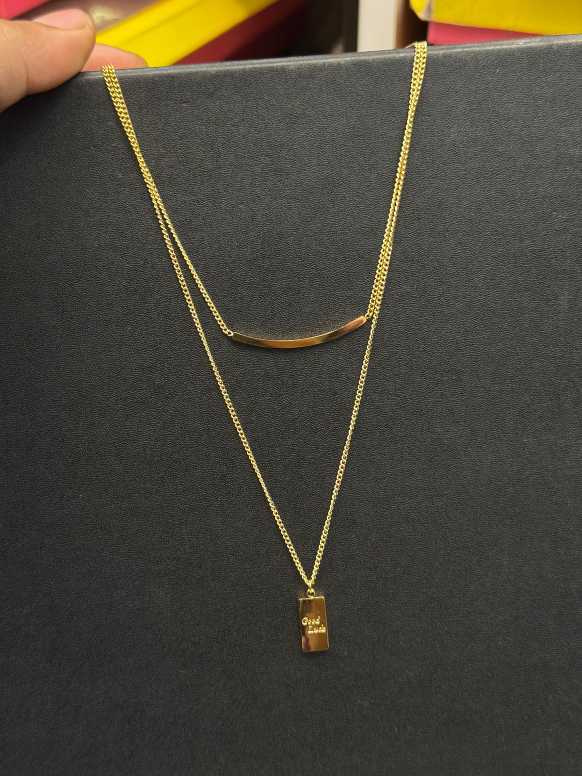 Double Layer Gold Necklace with Bar & “Good Luck” Tag Pendant