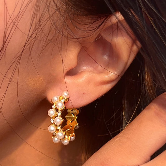Elegant Pearl & Crystal Embellished Gold Hoop Earrings