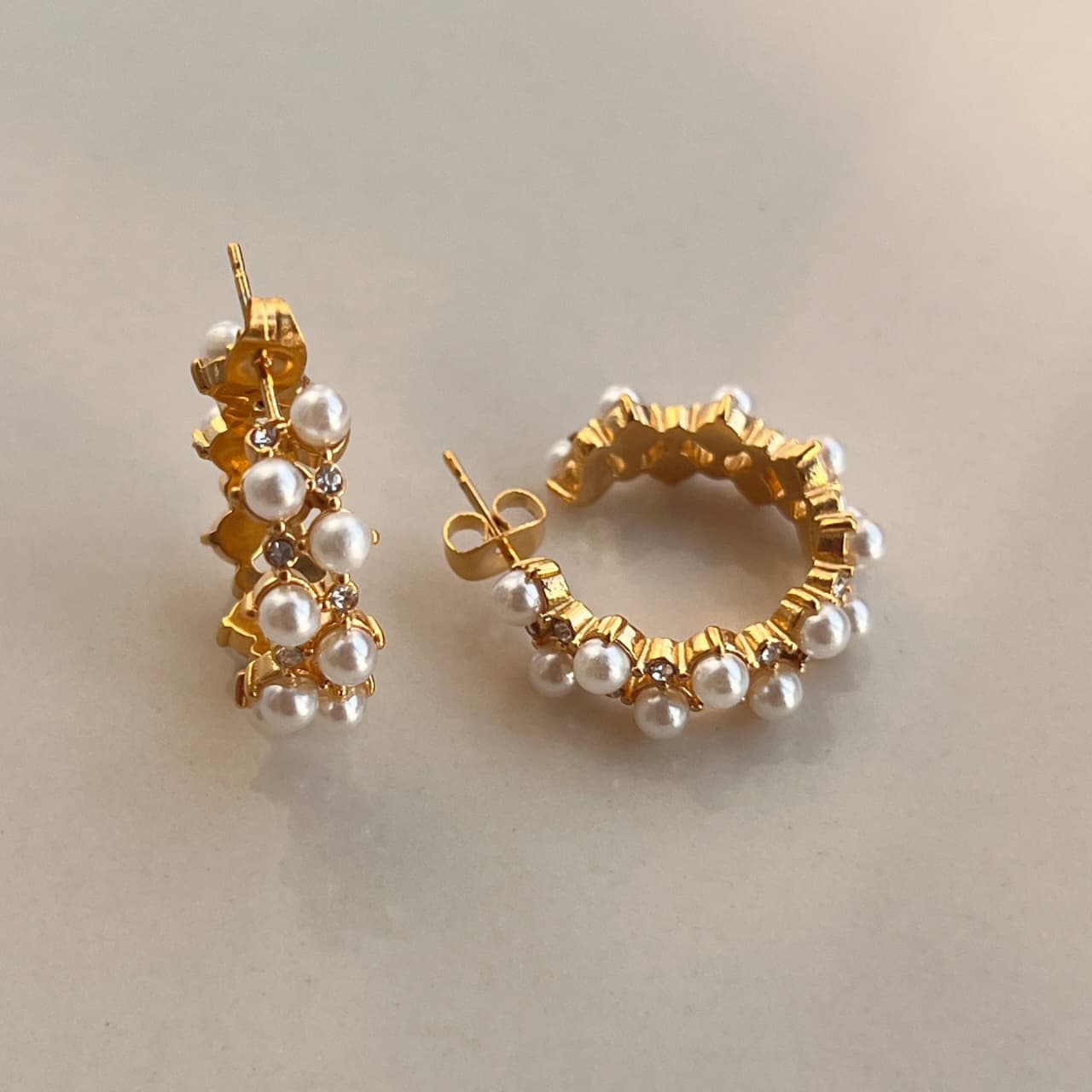 Elegant Pearl & Crystal Embellished Gold Hoop Earrings
