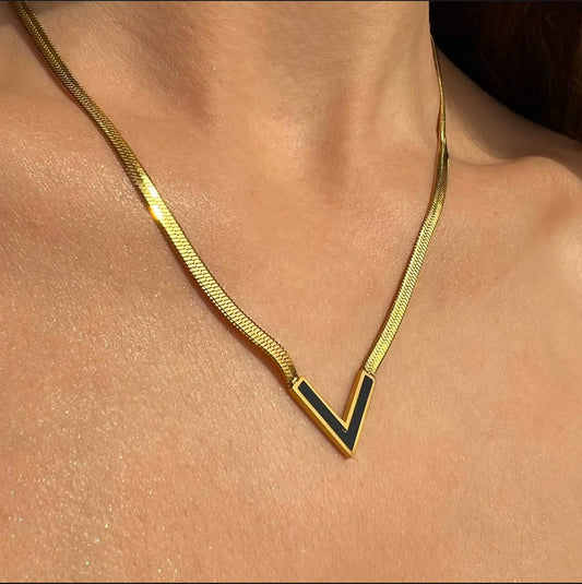 Sleek V-Gold Enamel Necklace