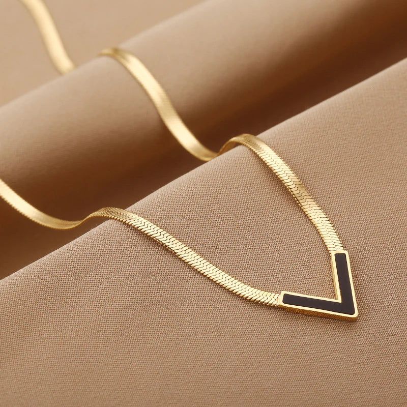 Sleek V-Gold Enamel Necklace
