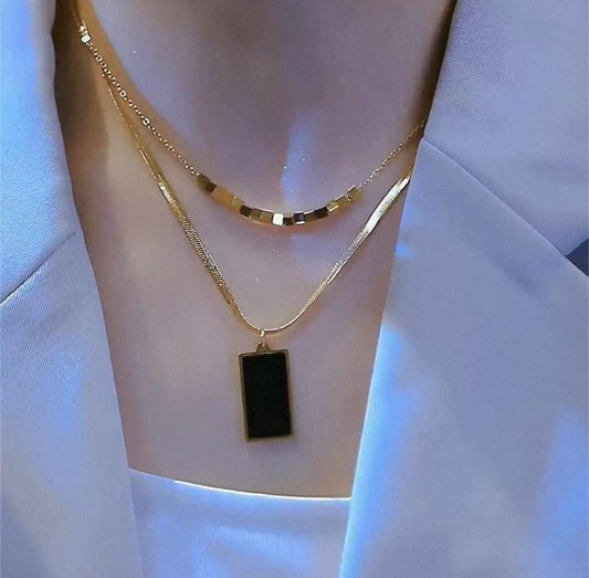 Triple Gold Chain Necklace with Black Rectangle Pendant