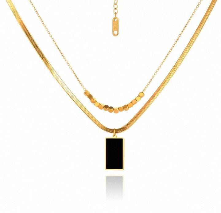 Triple Gold Chain Necklace with Black Rectangle Pendant