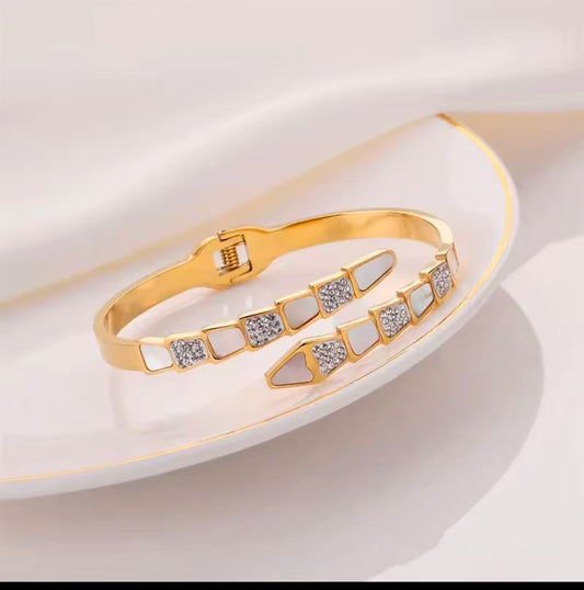 Golden Serpent Luxe Bangle with Shell & Crystal Inlay