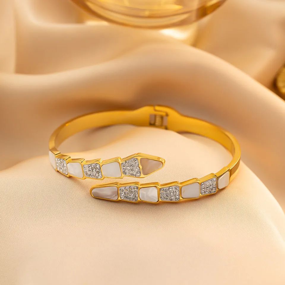 Golden Serpent Luxe Bangle with Shell & Crystal Inlay