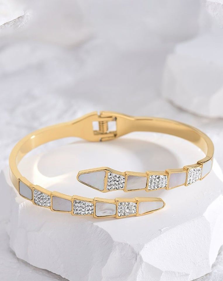 Golden Serpent Luxe Bangle with Shell & Crystal Inlay