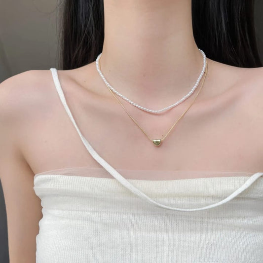 Golden Heart & Pearl Layered Necklace