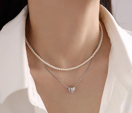 Silver Heart & Pearl Elegance Necklace