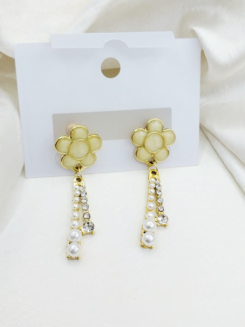 Gold and Silver Daisy Drop Earrings with Pearl & Crystal Accents