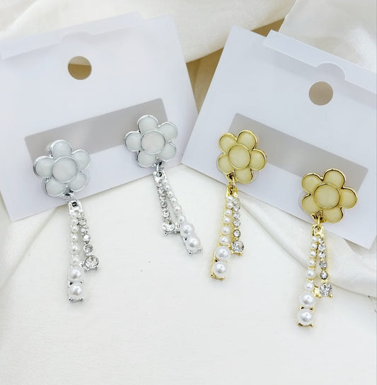 Gold and Silver Daisy Drop Earrings with Pearl & Crystal Accents
