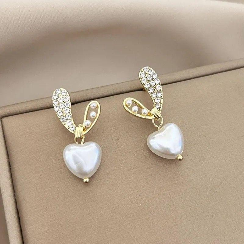 Gold-Plated Heart Pearl & Crystal Bunny Ear Earrings