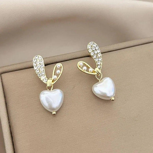 Gold-Plated Heart Pearl & Crystal Bunny Ear Earrings