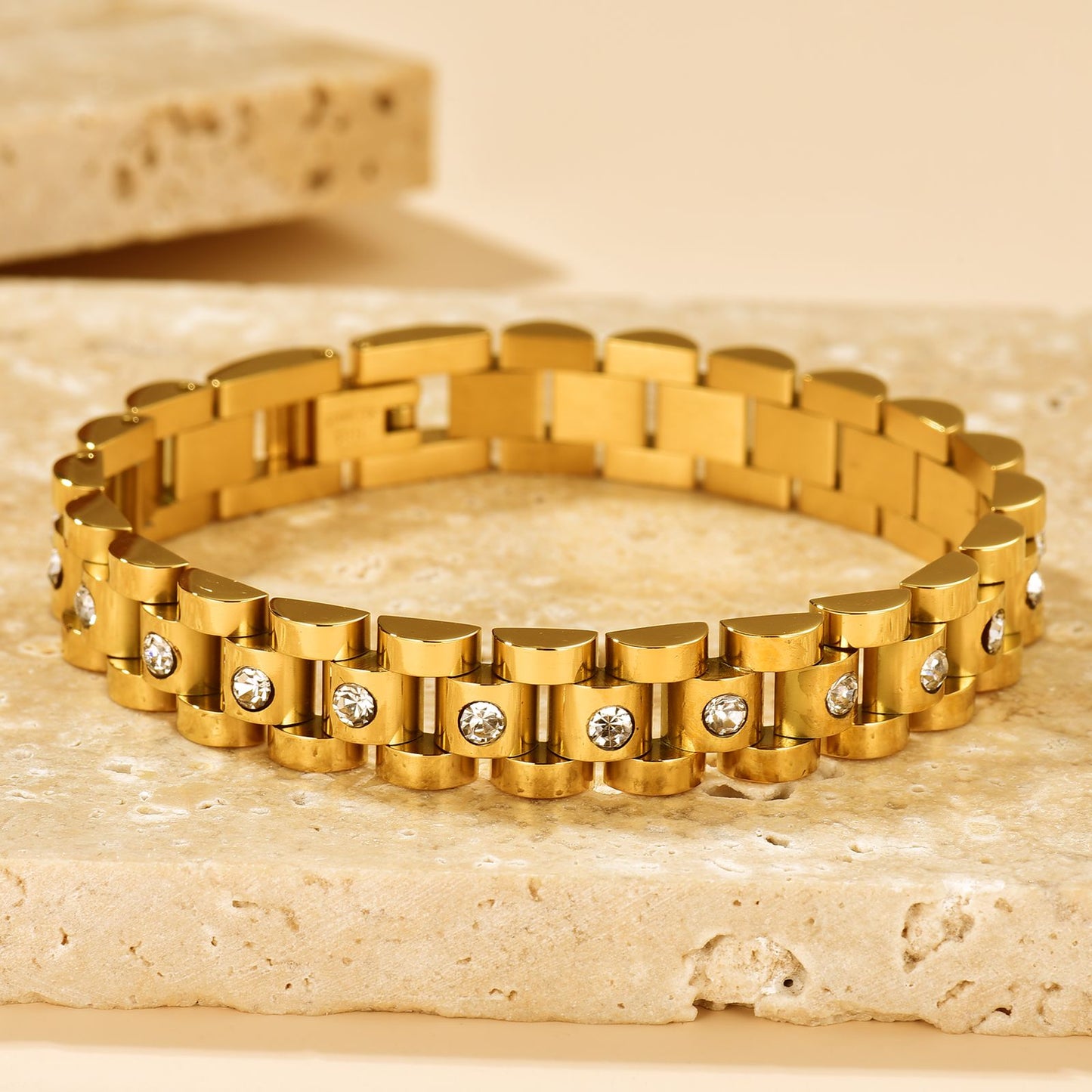 Regal Link Gold Bracelet with Crystal Accents