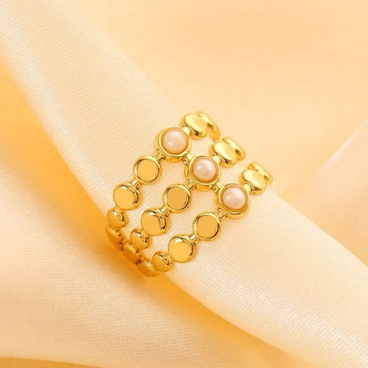Aurora Triple Band Pearl Ring – Gold Finish