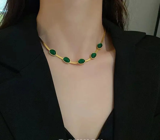 Gold-Plated Green Stone Necklace