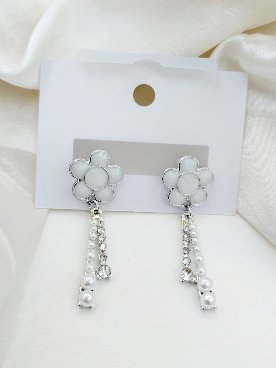 Gold and Silver Daisy Drop Earrings with Pearl & Crystal Accents